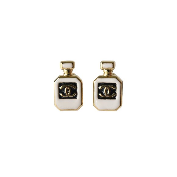 Chanel Resin CC Perfume Bottle Stud Earrings Gold White Black - Picture 1 of 1